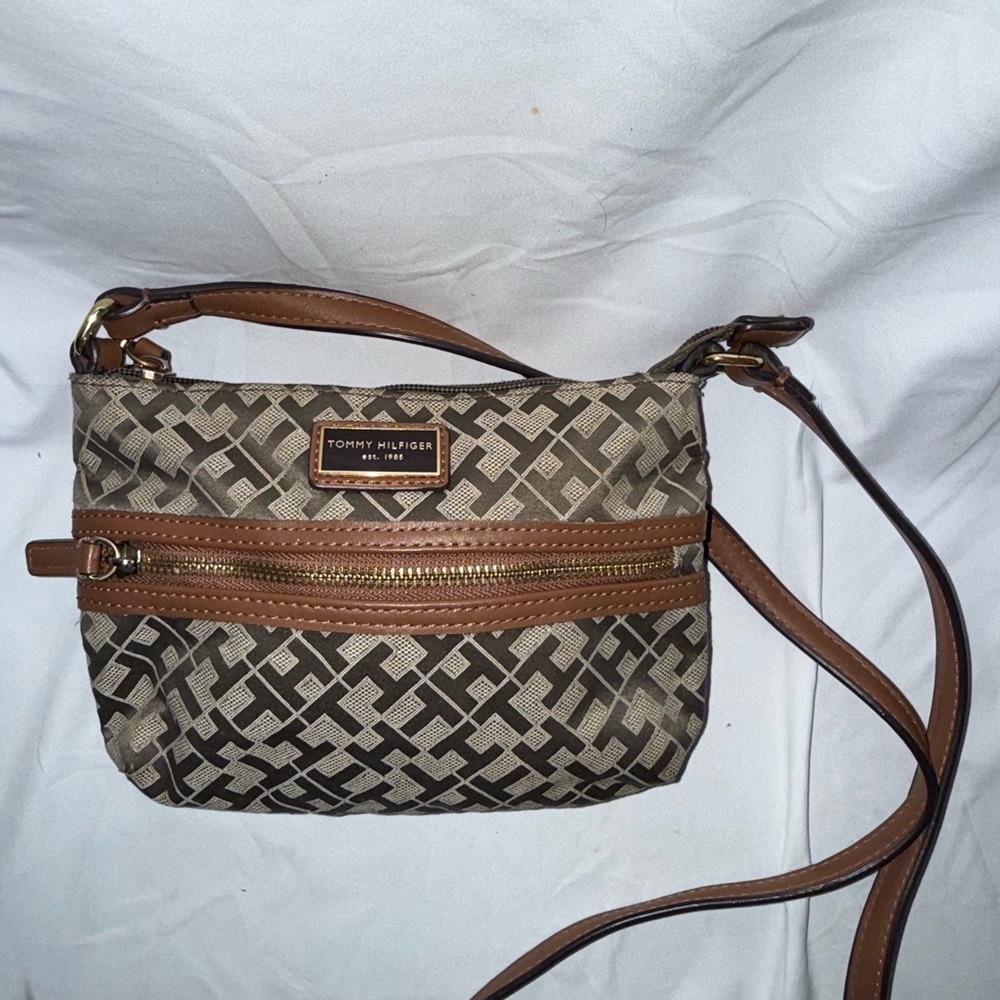 Tommy Hilfiger Tan and Brown Patterned Crossbody Bag